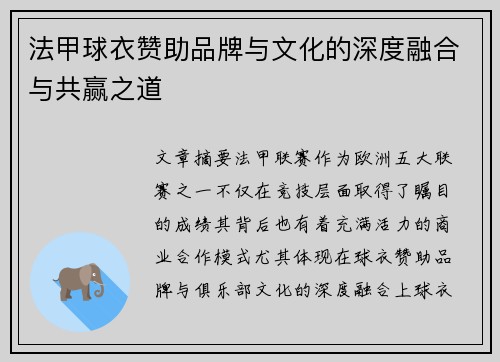 法甲球衣赞助品牌与文化的深度融合与共赢之道