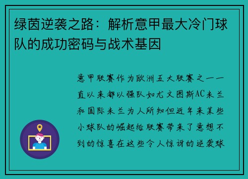 绿茵逆袭之路：解析意甲最大冷门球队的成功密码与战术基因