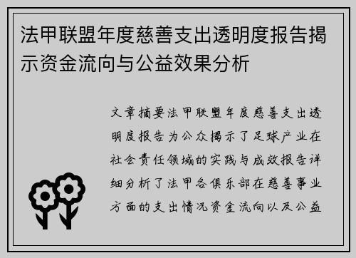 法甲联盟年度慈善支出透明度报告揭示资金流向与公益效果分析