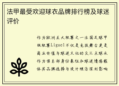 法甲最受欢迎球衣品牌排行榜及球迷评价