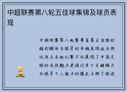 中超联赛第八轮五佳球集锦及球员表现
